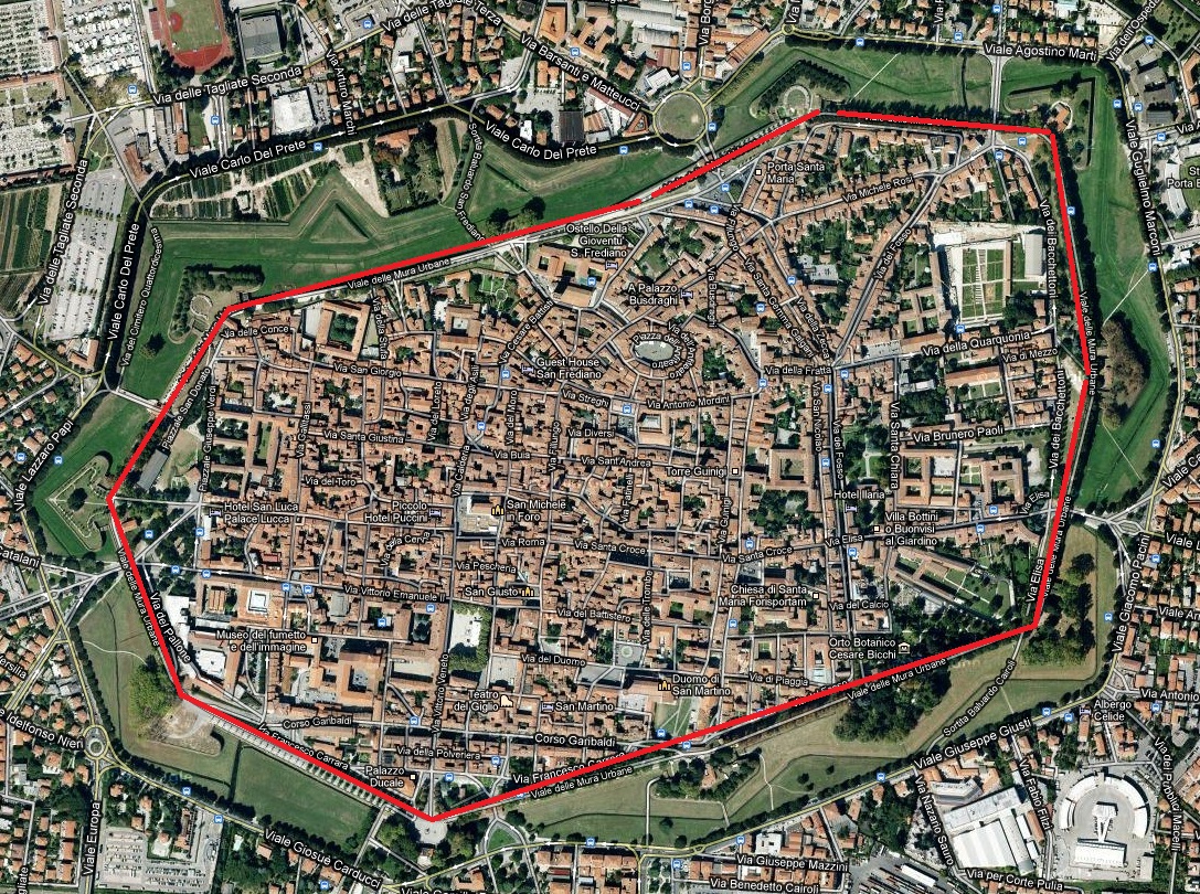 map of lucca with wall in red